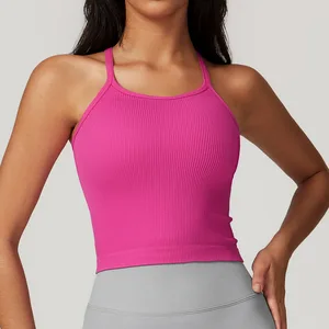 Women Gym Seamless Yoga Vest Quick Dry Sports Ribbed Running Beauty Back Fitness Tops Wear