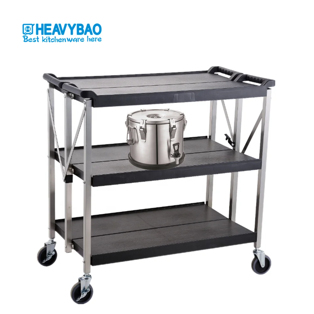 Heavybao Newly Customized Plastic Folding Tea Carts Stainless Steel Square Tube Office Trolley With TPR Wheels For Sale