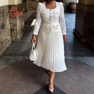 GX4033 Good Quality Fashion Women Clothes Vendor Lace Long Sleeve Pleated Maxi Dress Sexy Elegant Party Evening Belt Dresses