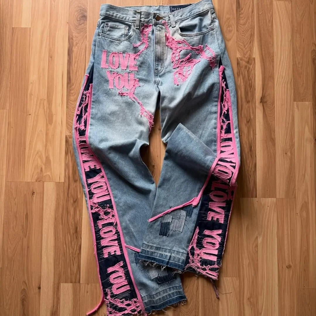 Přizpůsobitelné pánské džíny z bavlny, volného střihu, vintage stylu, se skládaným designem, aplikacemi, vyšíváním a opotřebovaným efektem, streetwearové široké džínové kalhoty pro muže