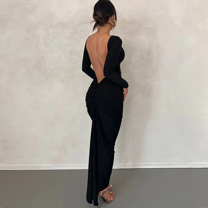 C240057 Backless Ruched Dresses Spring Long Sleeve Maxi Evening Party  Dinner Dresses