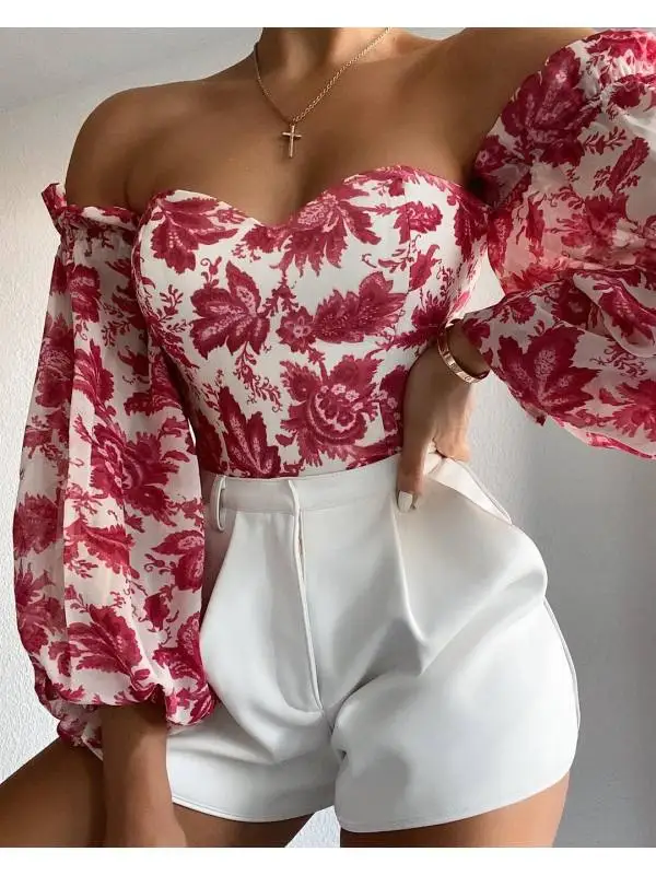 Elegant Floral Print Strapless Blouse 