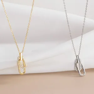 925 Sterling Silver Charm Necklace Fashionable Geometric Square Loop Double Circle Princess Cut Zircon Gold Plated Trendy Party