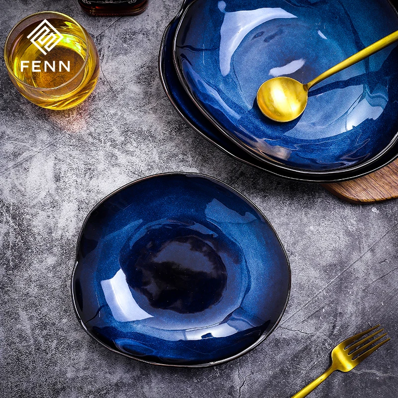 FENN Luxury Ceramic Tableware Modern Hotel Dish Plate Blue Glazed Porcelain Catering Dinner Soup Plate Set Dish & Plate