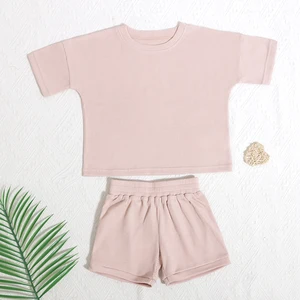 Superior Quality Summer Kids Clothing Solid Color Short Sleeves 65%Polyester 35%Cotton Baby Clothing Sets for Sports
