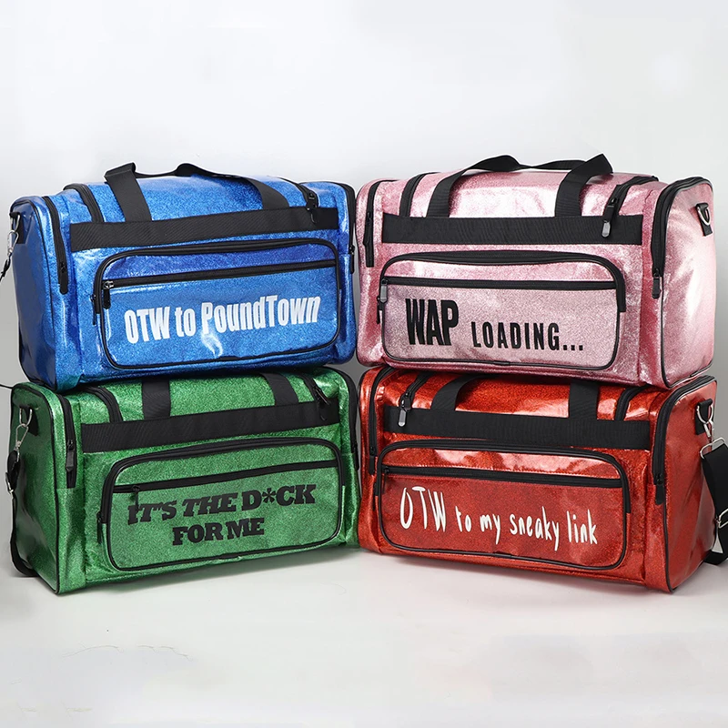 Custom Waterproof Overnight Spend a Night Bag Woman Travelling Wap Loading Glitter Pink Duffle Bags With Printed Logo