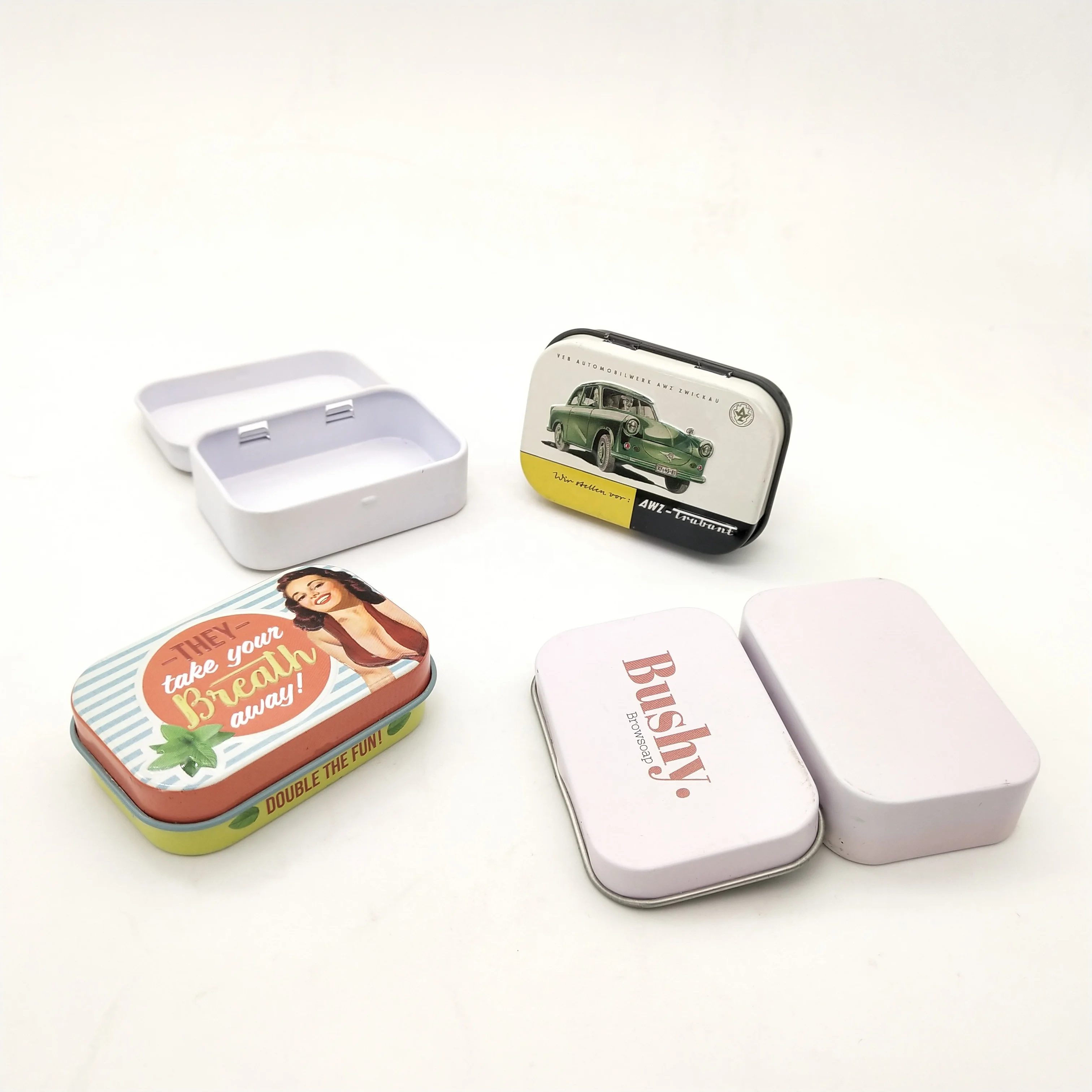 Cute Small Rectangle Mints Tins Embossed Gold Hinged Breath Mint Tin Child Resistant Box