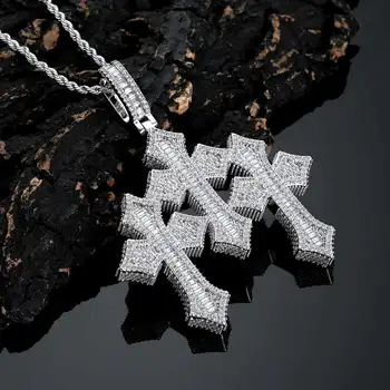 Iced Out Crystal Custom Three Cross Pendant Shiny Big Size Baguette Diamond Charm Cross Pendant Hip Hop Jewelry