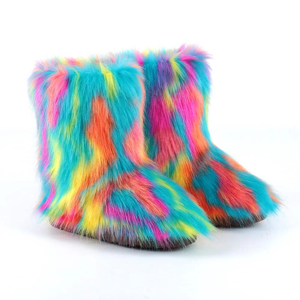 Snow Boots Ladies Plush Boots Female Warm Luxury Footwear Furry Cotton Shoes 2024 Women's Fluffy Faux Fox Fur Winter Adult OEM