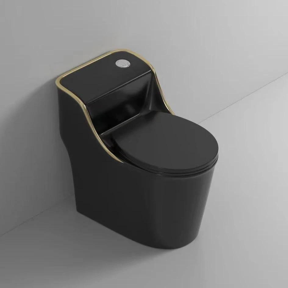 Luxury new style modern bathroom wc commode toilet bowl s-trap one piece ceramic black color toilet with gold rim