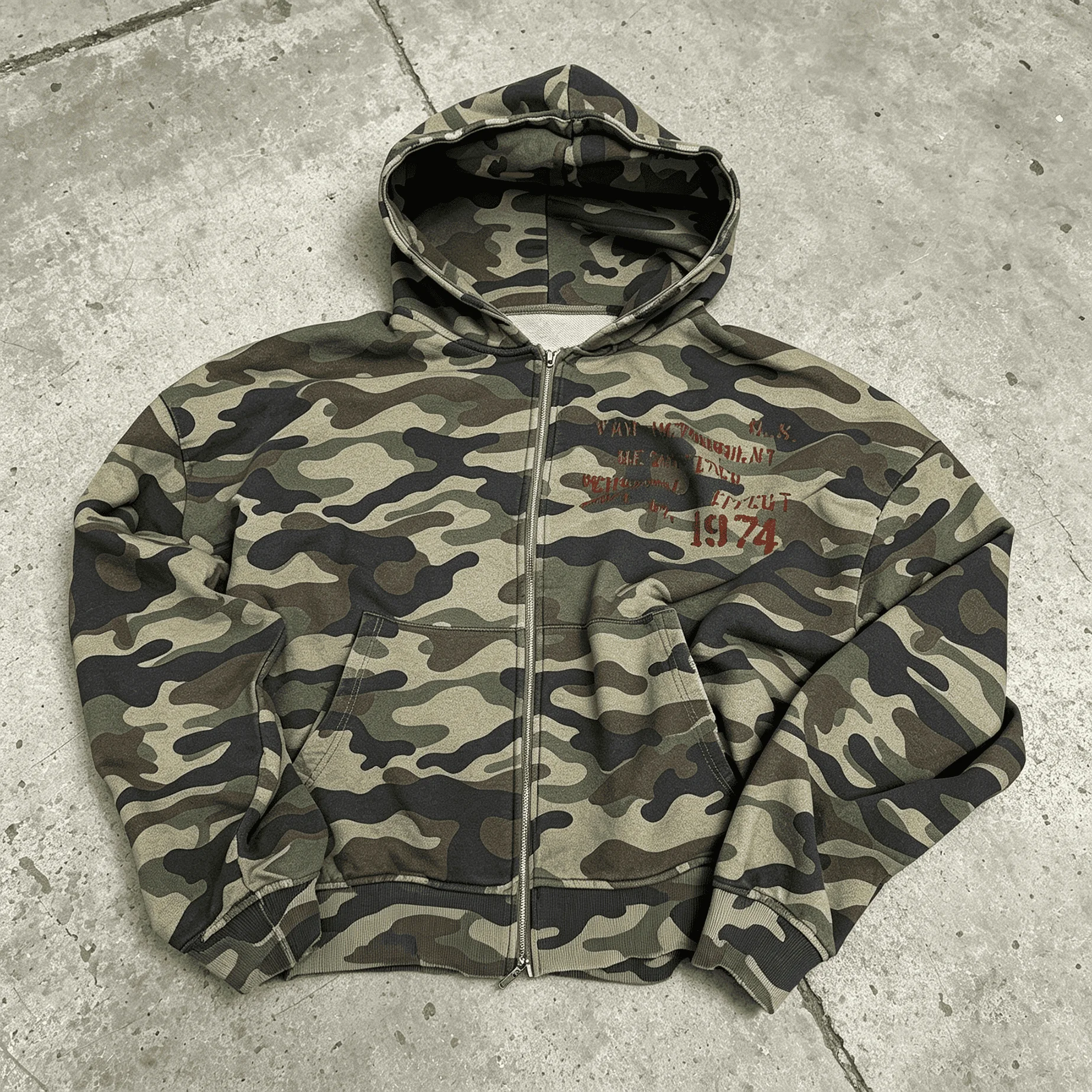 Custom Vintage Camo Zip up Hoodie Mens Oversized Streetwear Printed American Flag Patch Heavyweight Cotton Casual Sweatshirt