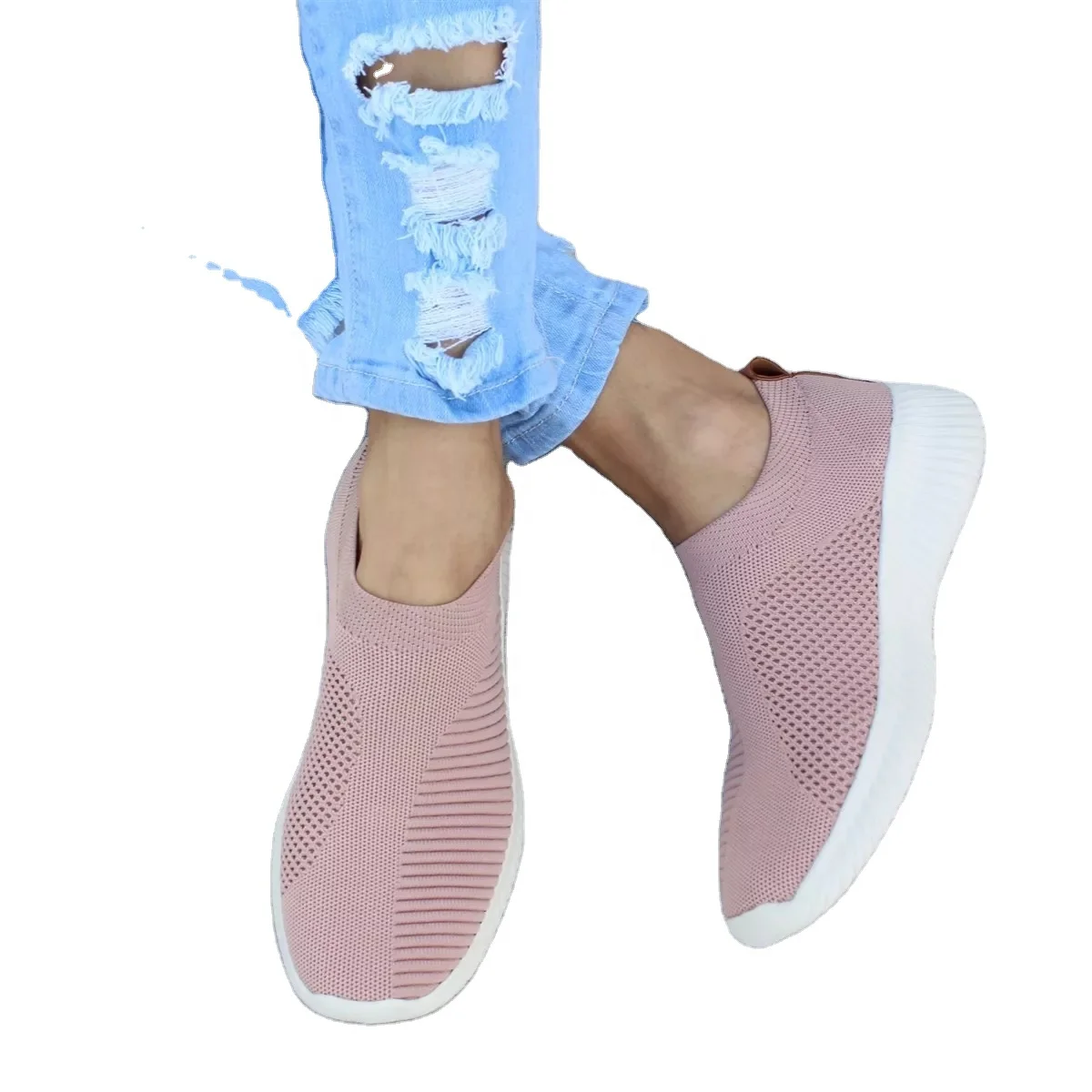 Женские вязаные кроссовки без шнуровки, Вулканизированная плоская подошва, сетчатые, мягкая прогулочная обувь