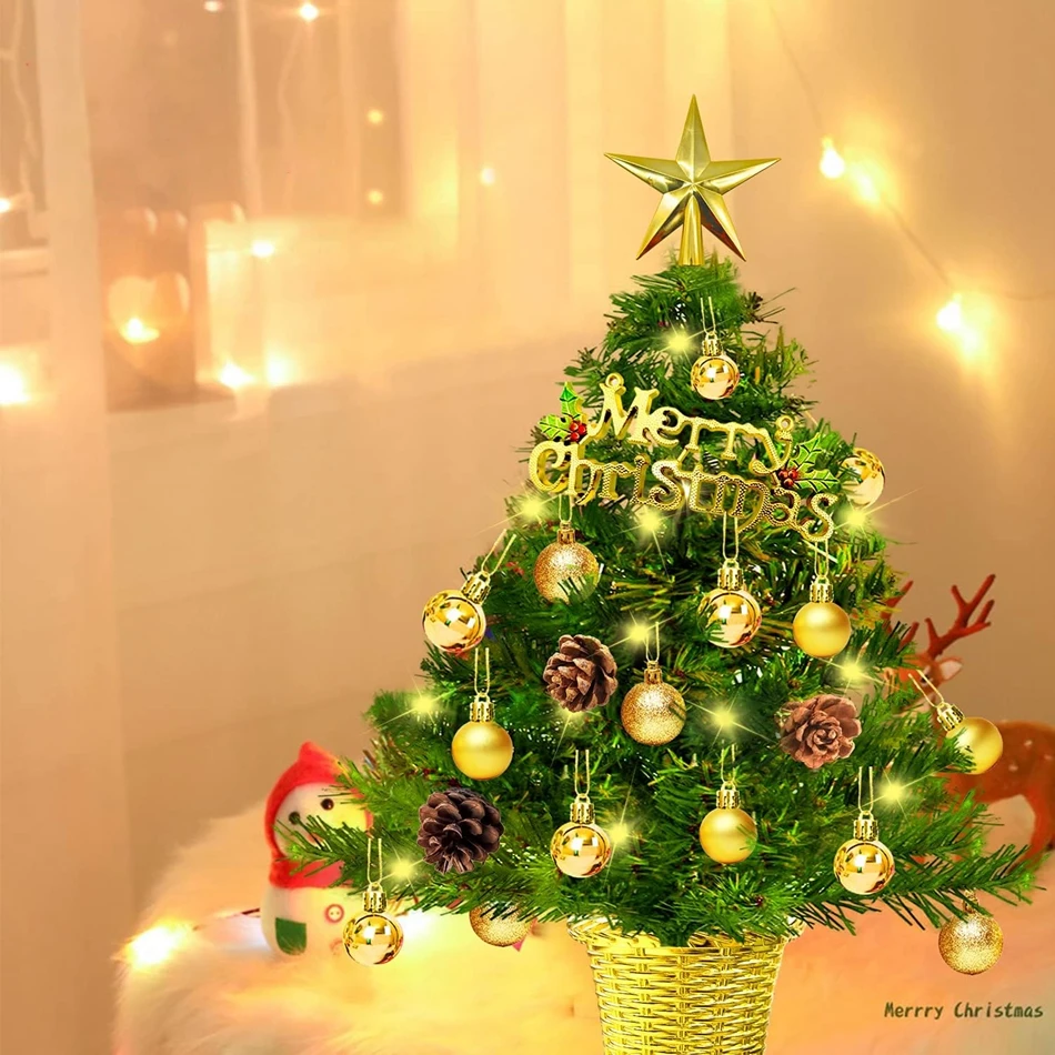 20 Inch Artificial Tabletop Tree 50 CM LED Small Decorated Christmas Trees with Gold Basket