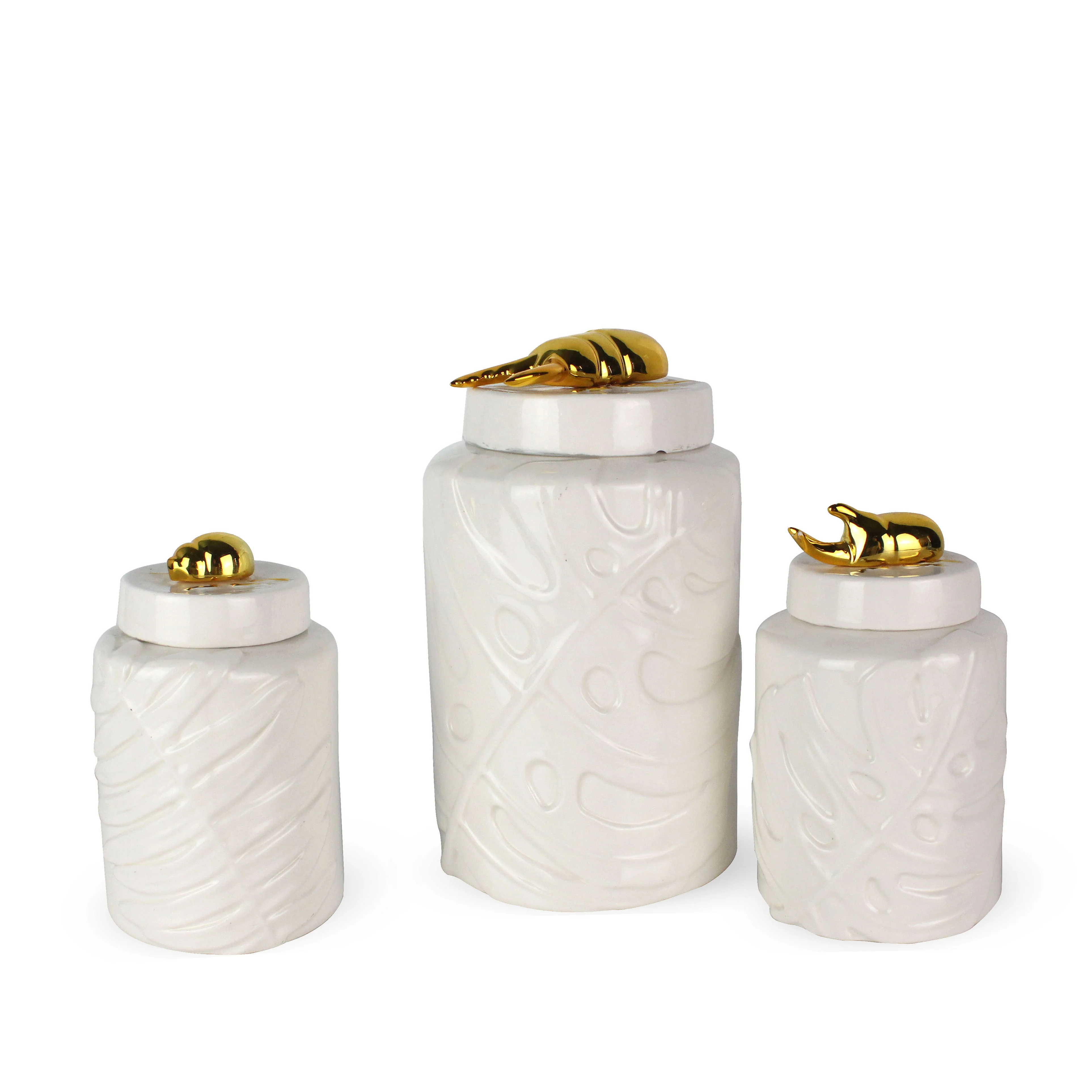 Jars de décoration de maison en relief blanc en céramique avec poignée d'insecte 30% de dépôt disponible sgs/bsci/sedex 300