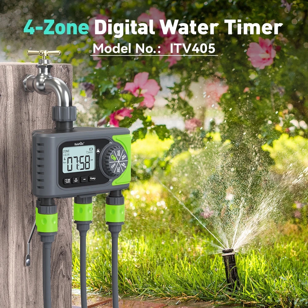 4 Zones Sprinkler Timer Programmable Water Timer 4 Outlet Water Timer for Garden Wateringr with Rain Delay Manual Watering