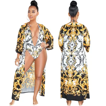 Deep V Bikini With Cover Up Luxury Fashion Women Gold Black Print Sexy Hot Swimsuit Halter Neck Bathing Suit
