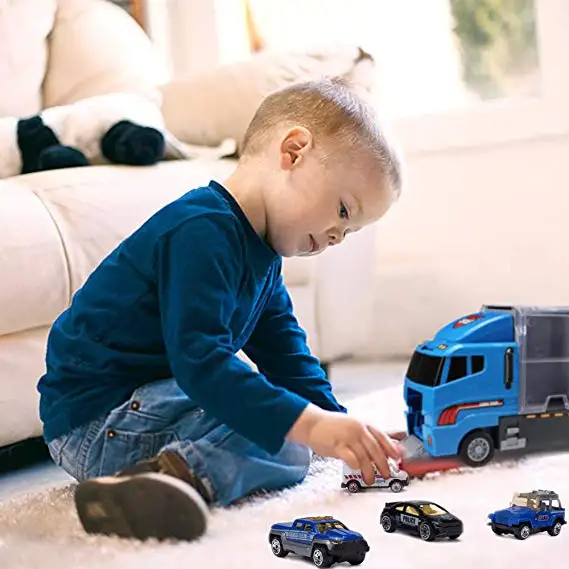 10 in 1 Police Transport Truck Mini Die-Cast Plastic Play Vehicle in Carrier Car Toy Set Mini Cars for Kid Children Boy