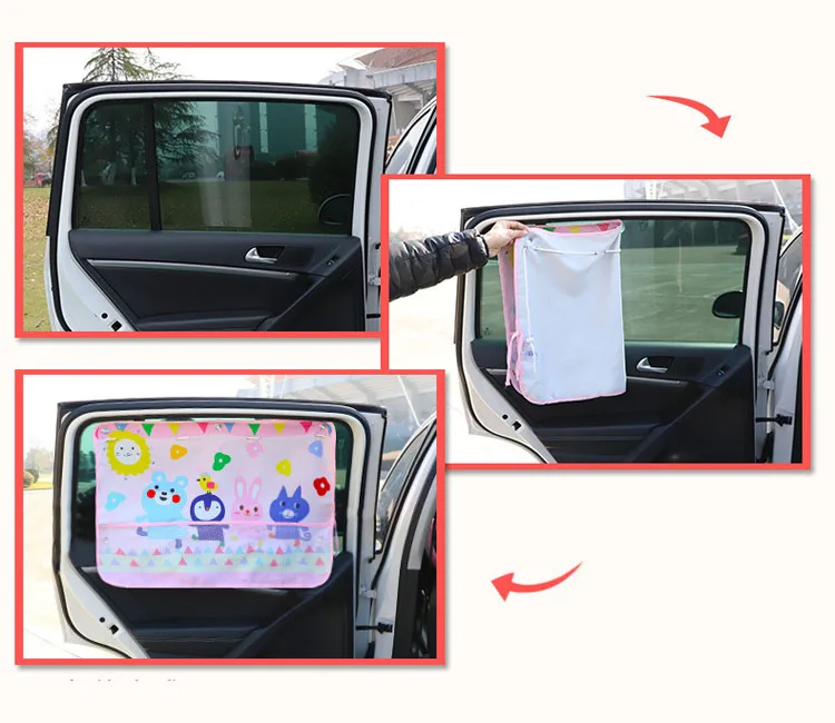 Car Side Window Sunshade Curtain Cartoon Adjustable UV Protection Curtain Sun Visor Blinds Cover With Storage Pocket For Baby