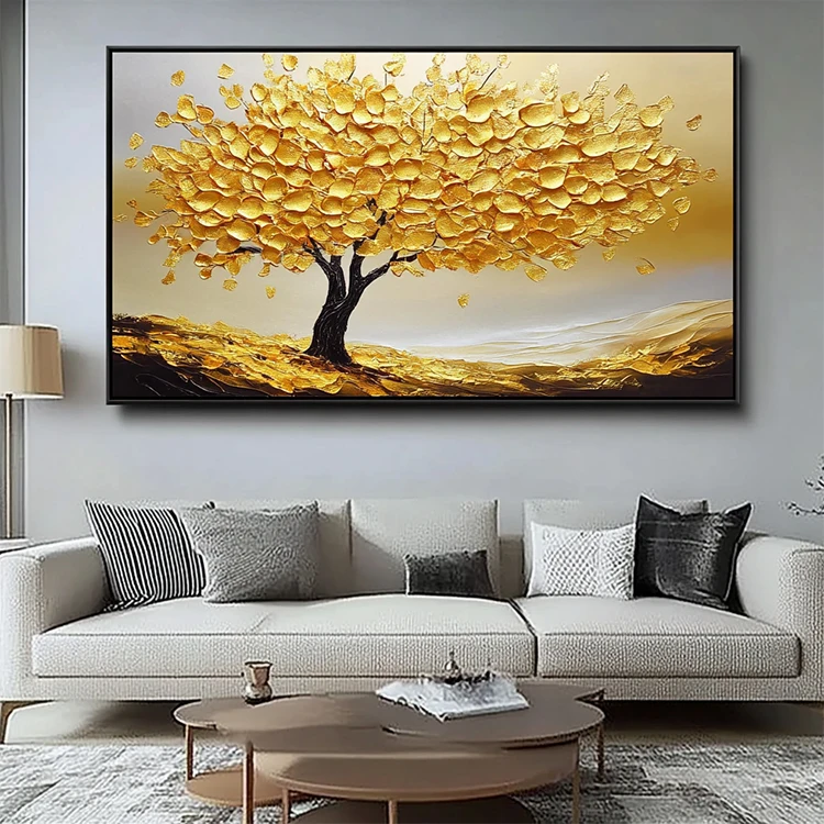Living Room Handmade Acrylic Contemporary Textured 3D Wall Art Decor Landscape Golden Tree Painting