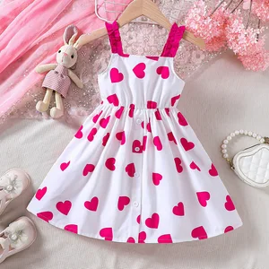 Girls Summer Lace Mini Knee-Length Suspender Skirt O-Neck Collar Solid Pattern Eco-friendly Valentine's Day Heart Dresses