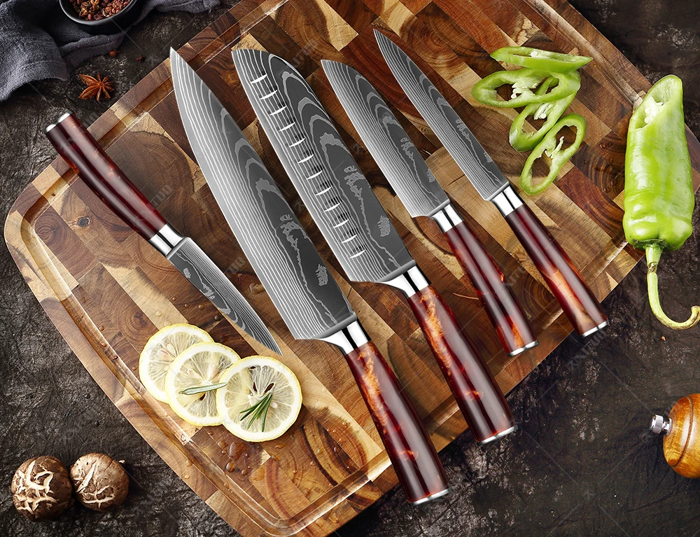 1-10 PCS Sharp Chef Knife Set Laser Damascus Pattern Kitchen Knife