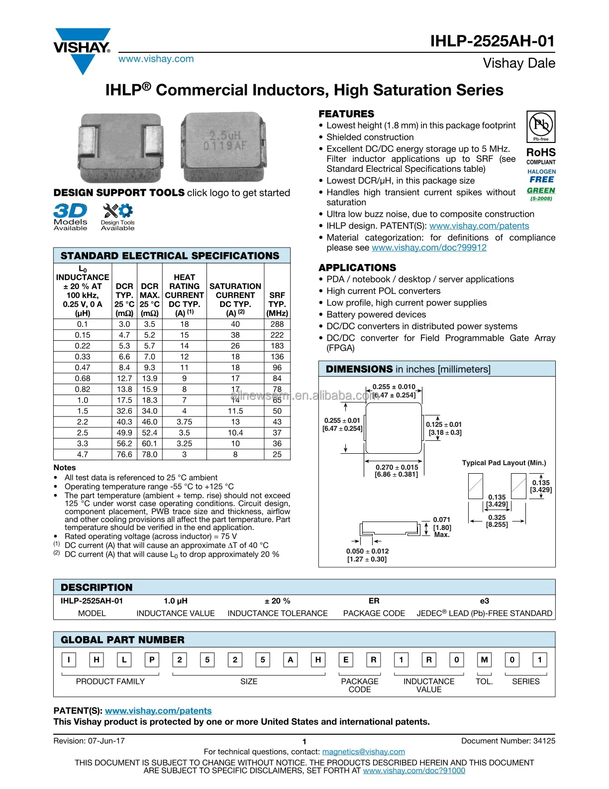 Hot sale Original IHLP2525AHER1R5M01 Fixed Inductors FIXED IND 1.5UH 4A 34 MOHM SMD Shielded Molded Inductor Max Nonstandard