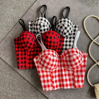 High-end temperament checkered halter vest women short small square printed fishbone spice girl top spread chest