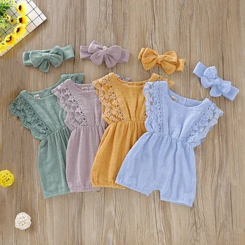 Kids Summer Cute Short Sleeve Ruffle Romper Knitted Baby Clothes Set Cotton toddler Infant Girls Wear oneside Baby Romper sets
