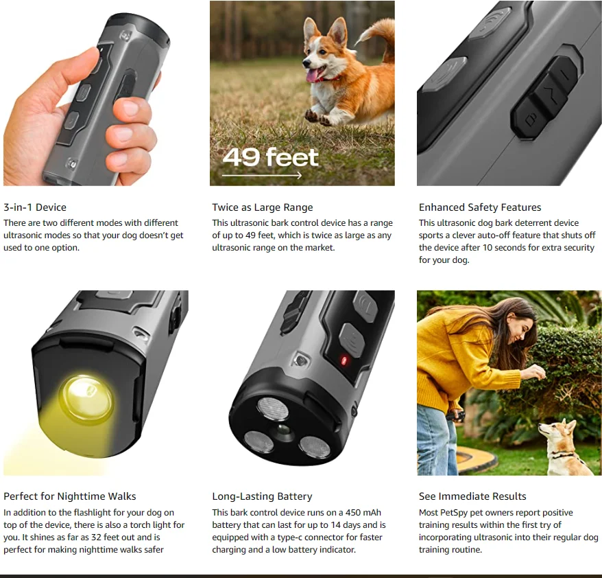 High Power Portable Ultrasonic Dog Repeller with LED Light Most Powerful Bark Control Device for Dogs