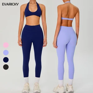 Evaricky Women's Solid High Waist Leggings Halter Neck Sports Bra Four-way Stretch 2-Piece Yoga Gym Running Set