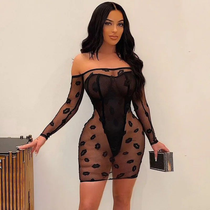 Sexy Lip Print See Through Mesh Sheer Stitching Bodysuit Dress Elegant Off  Shoulder Dress - Buy Bodysuit Dress,Elegant Off Shoulder Dress,Sexy Mesh Sheer  Dress Product on Alibaba.com