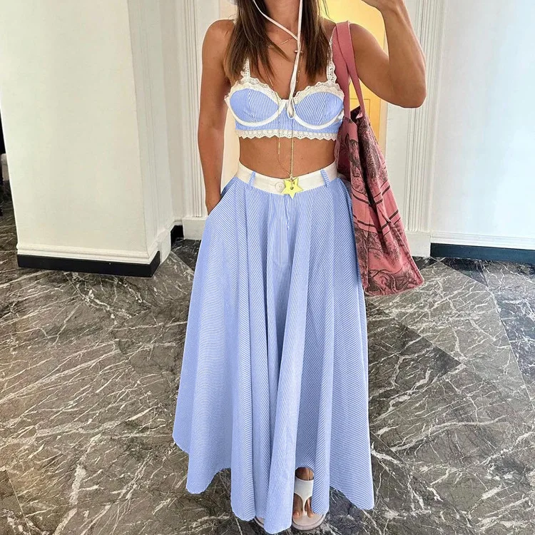 Holiday Fashion Lace Detail Sexy Bra Vest Crop Top Loose Blue