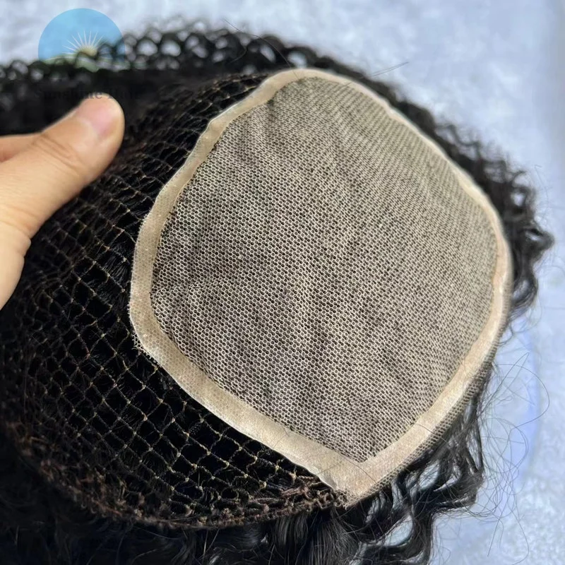 Afro Kinky Curl Fishnet Silk Microline Toupee 100% Remy Hair European Fine Curly Women's Hair Topper Natural Black