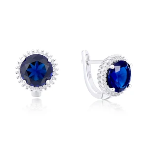 European Style 925 Sterling Silver Rhodium Plating Sapphire Rhinestone Round Earrings