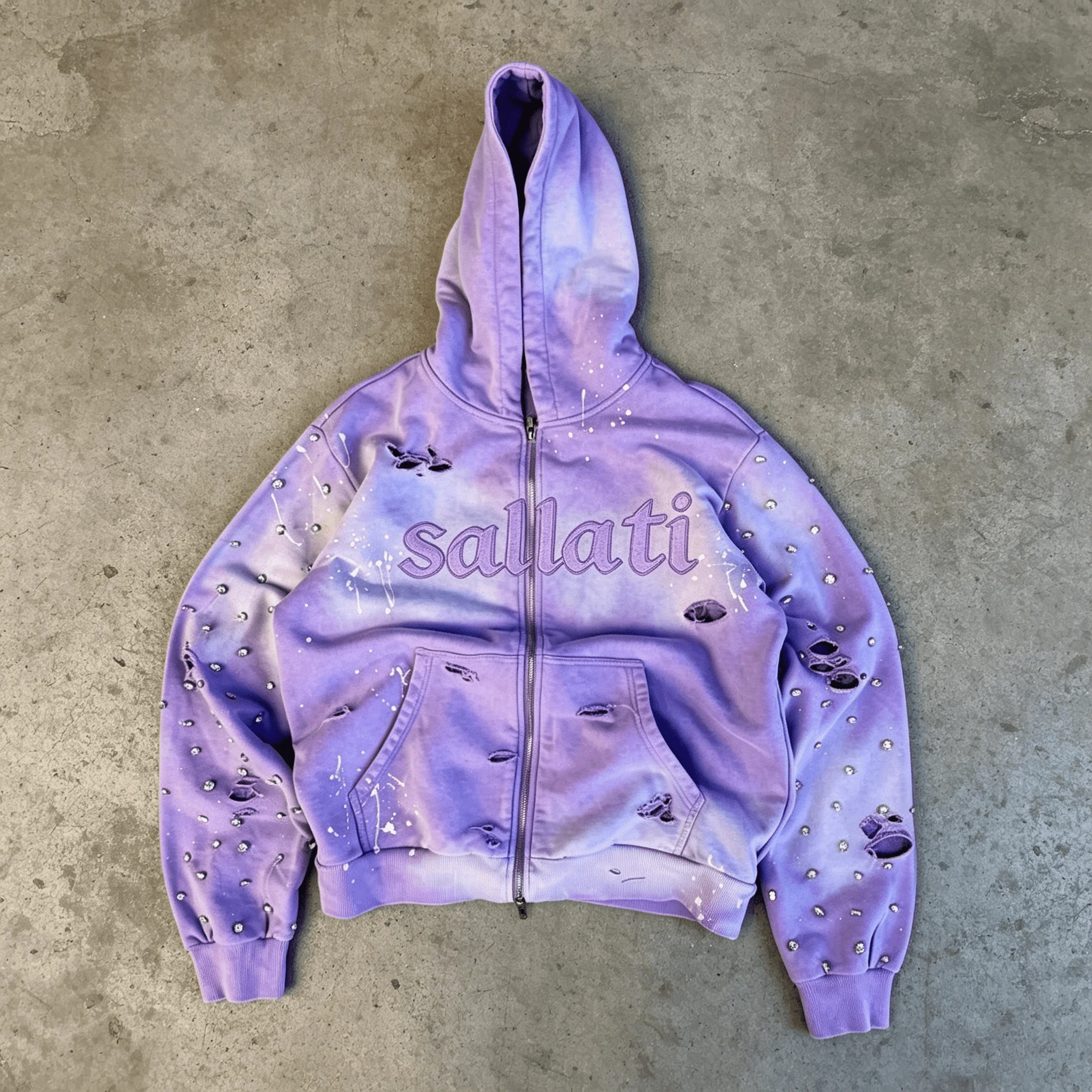 Custom Men Punk Destroyed Vintage Washed Distressed Studded Acid Bleach Splatter Heavyweight Oversized Graphic Zip up Hoodie gallery 8