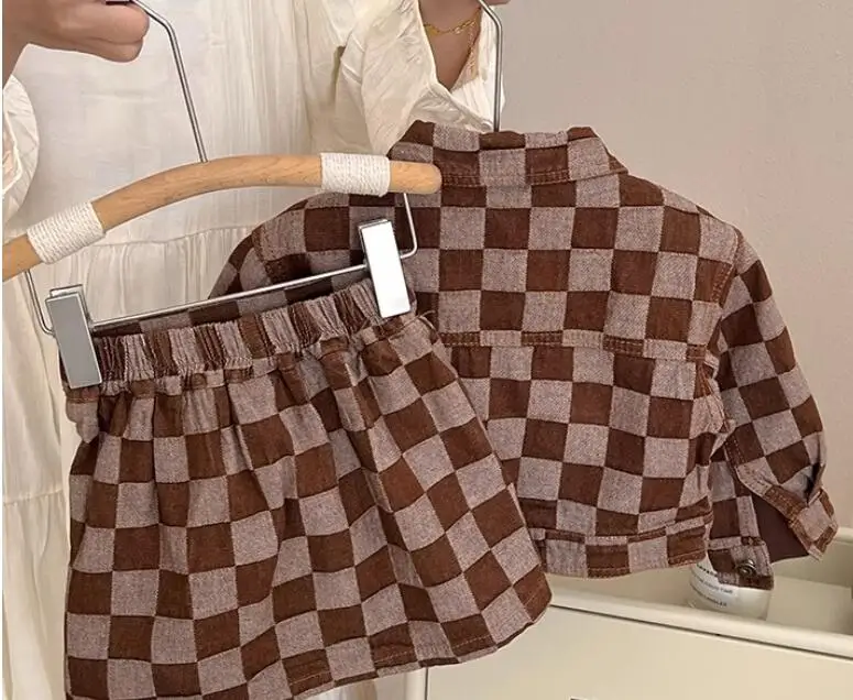Autumn new boys brown plaid denim jacket +skirt set long-sleeved children's  fashion checker two-piece set