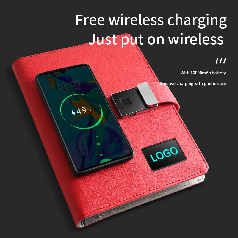 Design LED Logo Diary With Power Bank Fingerprint Lock Diary 2024 Hot Sales and New Travel Gift Leather Hardcover Password Lock