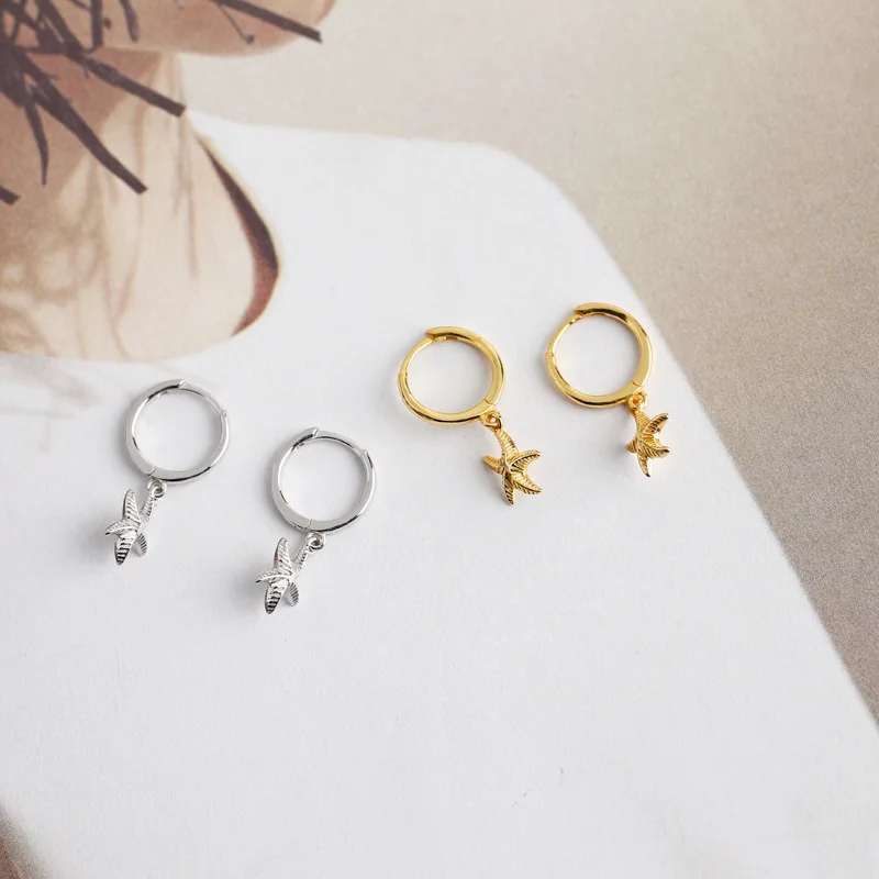 Circle Carved Starfish Small Hoop Earrings Textured Bohemia 925