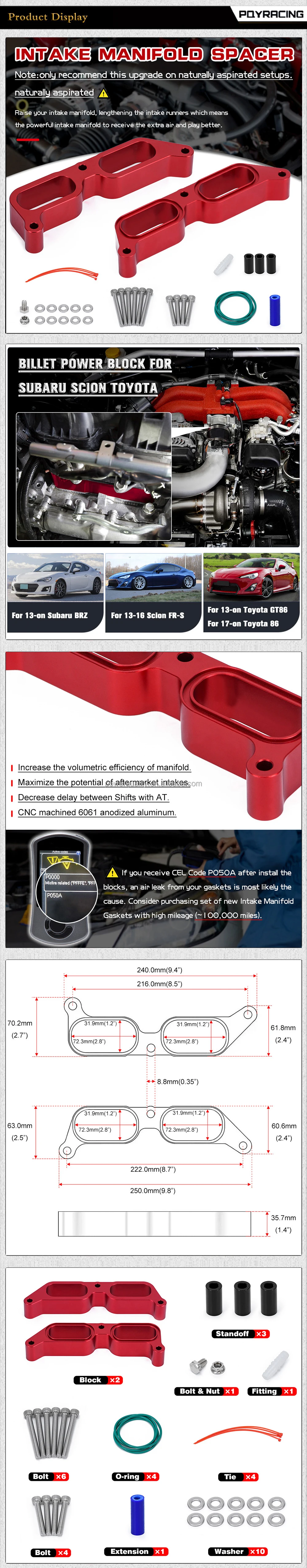 Billet Power Block Intake Manifold Spacers For Subaru Brz Frs 1317