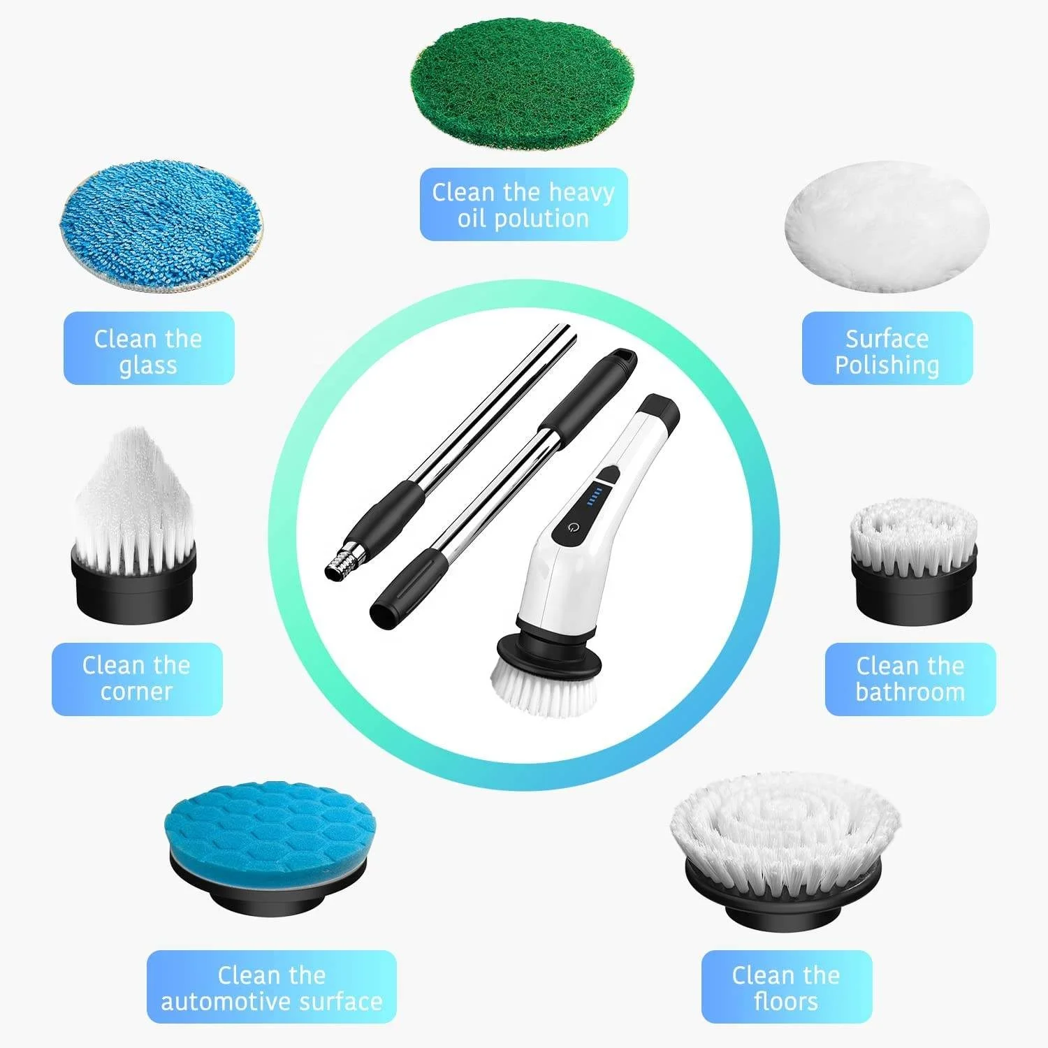 9 in 1 Adjustable Detachable Electric Spin Scrubber Long Handle Cordless Cleaning Brush Electric for Car Toilet Kitchen House