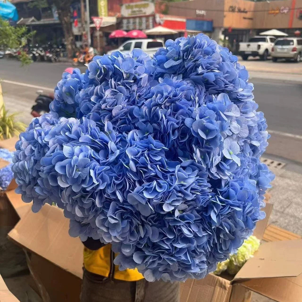Good Quality Artificial Flower Silk 5 Head Blue Hydrangea Flower for