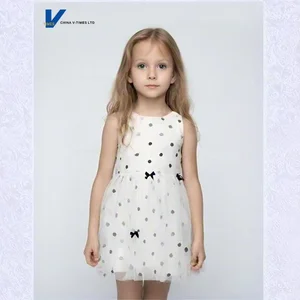 Girls' Summer Retro-Cute White Base with Black Polka Dots Puffed Sleeves Short-Sleeve Dress