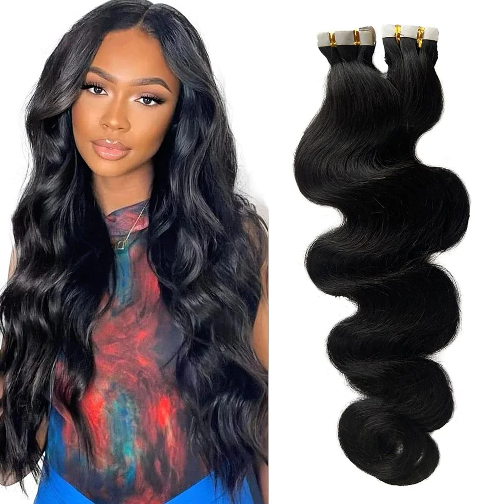 14-26 Inch Body Wave Tape In Hair Extensions 20Pcs 100% Real Human Hair Adhesive Glue in Extensions For Women Natural Color 1B_voghion.com