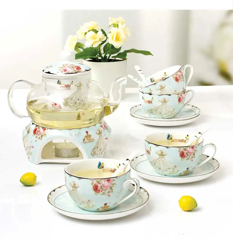 Romantic flower decal espresso coffee cup set ceramic tea cups and saucer teapot for tableware drinking