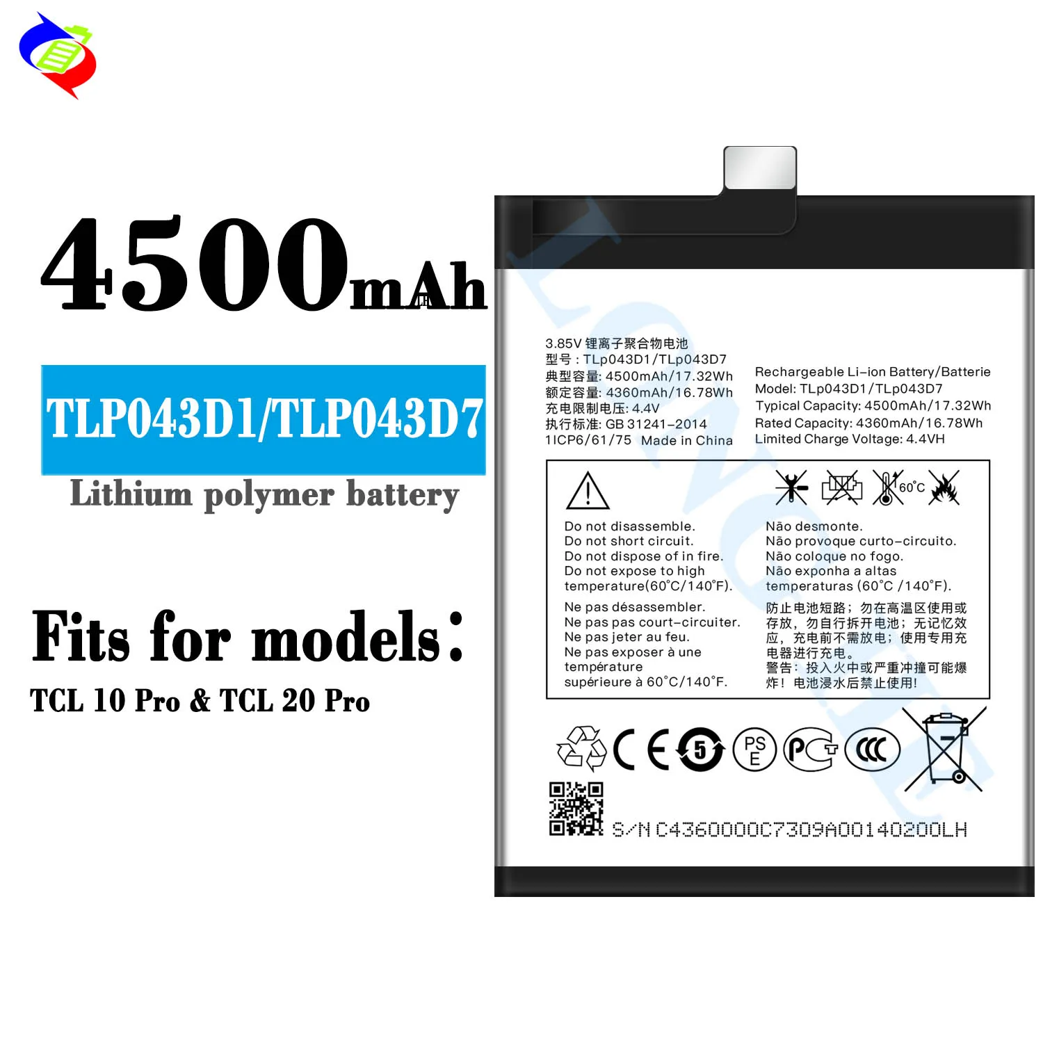 Original Replacement Mobile Phone Battery TLP043D1 TLP043D7 for Alcatel TCL 10 Pro TCL 20 Pro 4500mAh 3.85V