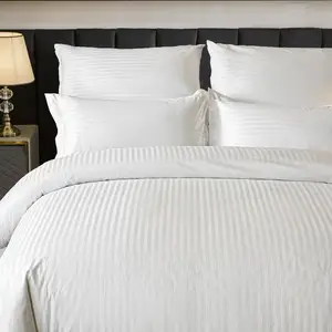 White 4 Piece Bed Sheet Set 1cm Satin Stripe Design for Luxury Hotels