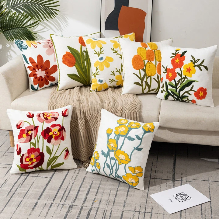 Modern Rustic Floral Cotton Boho Throw Pillow Case Embroidered Leaves Pattern for Home or Hospital Decor