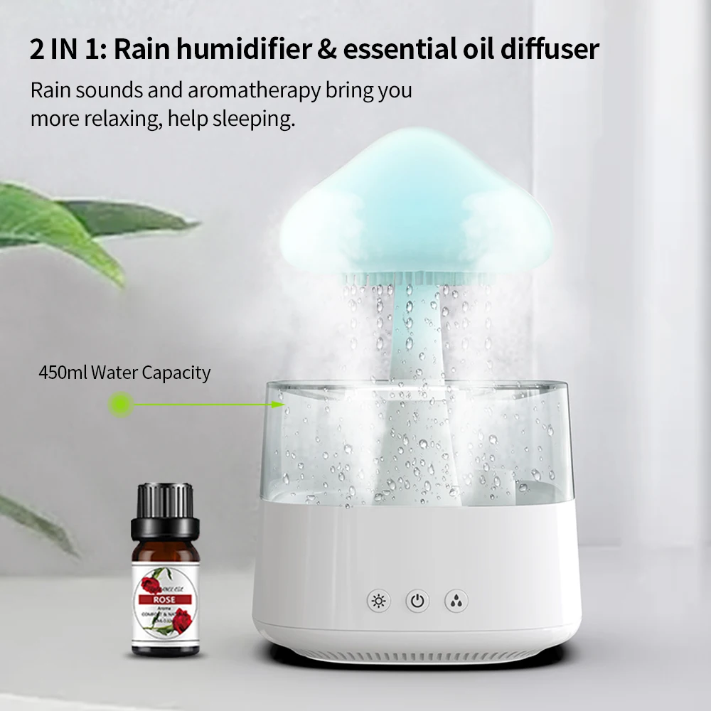 USB Mushroom Humidifier Rain Drop  Portable Rain Cloud Diffuser Aroma Essential Oil with 7 Colors LED Light for Bedroom Office