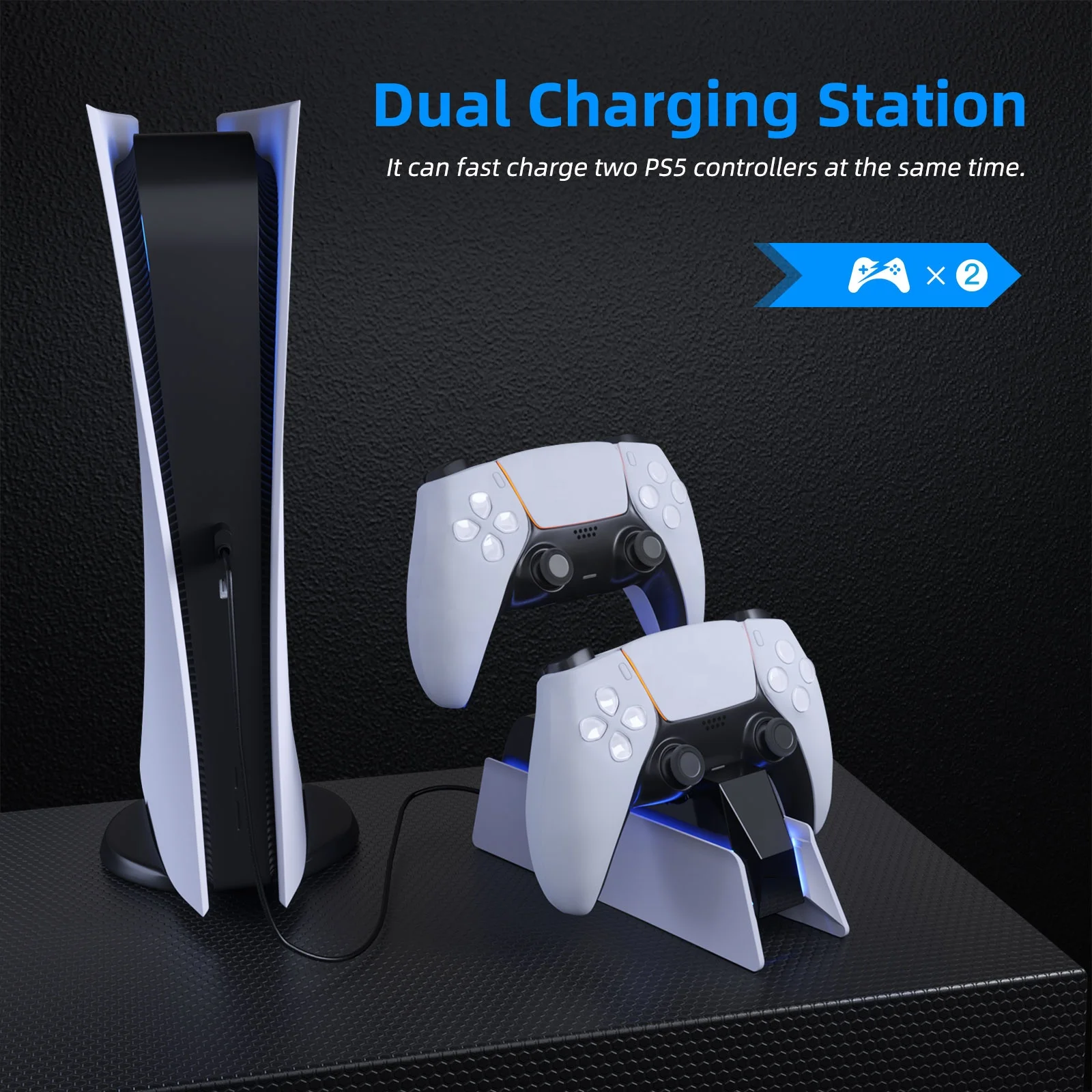 Afbptek Fast Charger Dock Edge Controller Charging Stand with Blue Light Bars for Playstation 5 Dualsense Controller