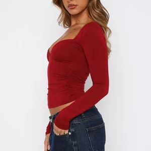 Factory New Design  logo Printing Solid Color Blank t Shirts Deep v Neck Women Skinny Fit Sexy Long Sleeve Plain t Shirt